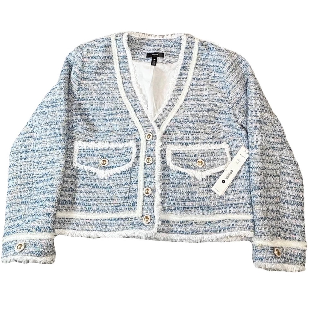 Aqua Blue & White Tweed Cropped Blazer